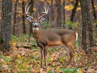 Whitetail Buck Standing Majestically in Forest Clearing with Soft Natural Blur Background