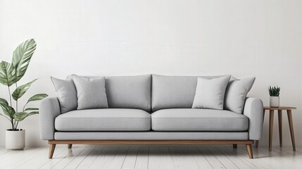 A white couch with a green plant in a pot on the floor