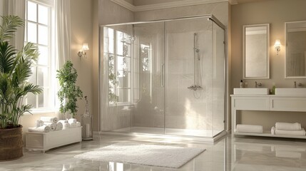 Fototapeta premium A bathroom with a shower stall and a potted plant