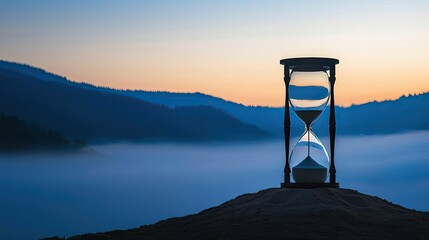 Hourglass on rock, soft sunrise light over mountains, tranquil and reflective scene.