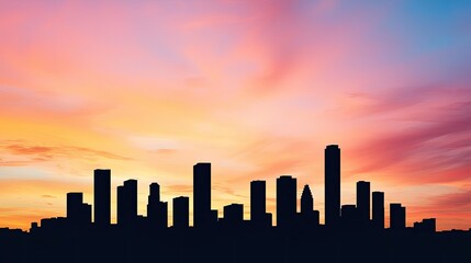 Silhouette of a city skyline against a colorful sunset sky