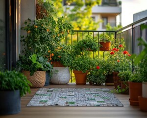 Naklejka premium Balcony garden inspiration with vibrant plants, soft natural lighting, cozy urban atmosphere, modern setup