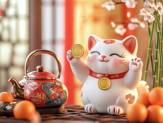 Ceramic maneki-neko cat holding a coin, symbolizing luck and prosperity, beside a decorative teapot and oranges in an Asian-inspired setting.