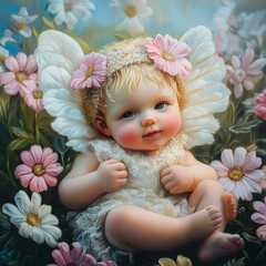 Fototapeta premium Adorable Baby Fairy in a Flower Garden: Oil Painting with Angelic Charm