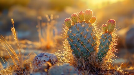 Obraz premium Cactus in a desert landscape with vibrant colors, soft lighting, rugged beauty, dynamic composition, photo-realism