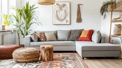 A living room with a couch, a potted plant, and a wooden stool