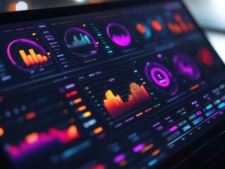 Obraz premium Client relationship management software with vibrant data points, sleek interface, soft lighting, modern design