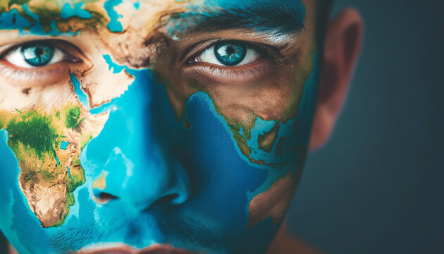 Close-up portrait of a face with world map painted across, symbolizing global connection and unity