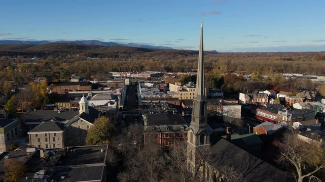 flying clockwise around Old Dutch Church in Kingston NY