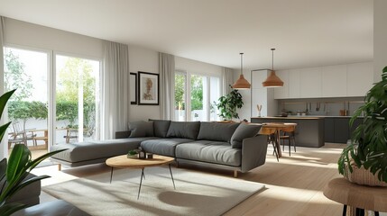 A large living room with a couch, coffee table, and potted plants