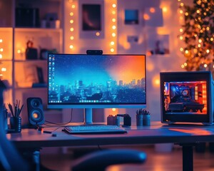 Naklejka premium Creative hobby setup with vibrant colors, soft lighting, cozy home workspace, dynamic energy, modern design