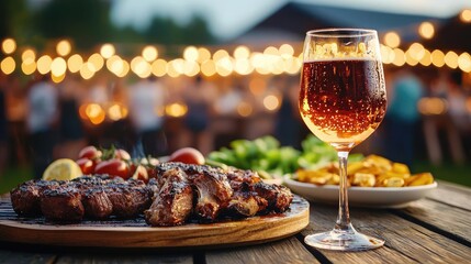 Delicious grilled meat with salad and a refreshing drink in a vibrant outdoor setting.