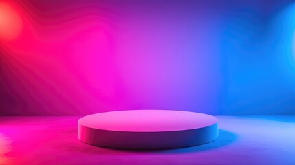 White Cylinder Platform Against a Neon Pink and Blue Gradient Background