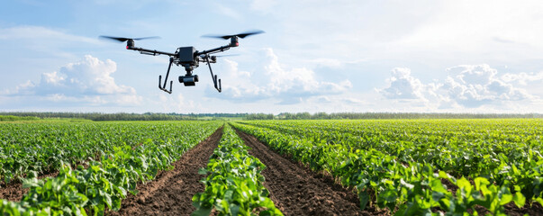 drone hovers above lush green field, capturing aerial imagery for agricultural monitoring and analysis. vibrant landscape showcases rows of crops under bright sky, emphasizing modern farming