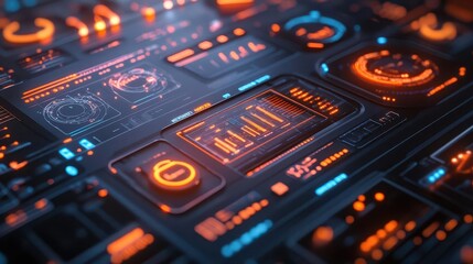 Obraz premium Digital workflow automation with vibrant data points, sleek interface, soft lighting, futuristic business tools