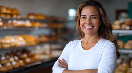 The bakery owner displays a warm smile as she stands confidently with her arms crossed. Freshly baked goods are showcased on the shelves behind her, highlighting her craftsmanship and dedication.