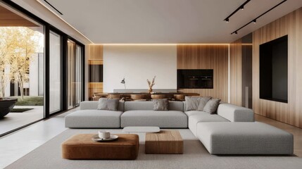 Fototapeta premium A large, modern living room with a brown coffee table and a large sectional sofa