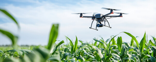 Naklejka premium drone hovers above lush green cornfield, capturing aerial imagery for agricultural analysis. This technology enhances farming efficiency and crop monitoring
