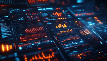 Obraz premium Financial forecast with vibrant graphs and charts, sleek interface, soft lighting, dynamic business energy