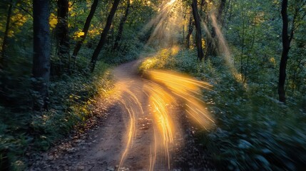 Obraz premium Forest hiking trail with vibrant trees, soft lighting, dynamic movement, serene atmosphere, photo-realism