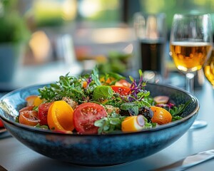 Gourmet salad bowl with vibrant ingredients, sleek table setting, soft lighting, clean design, healthy vibe