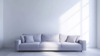 A large gray couch sits in a white room with a window