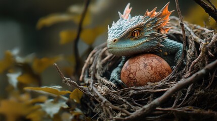 Small dragon emerging from cracked egg in twig nest