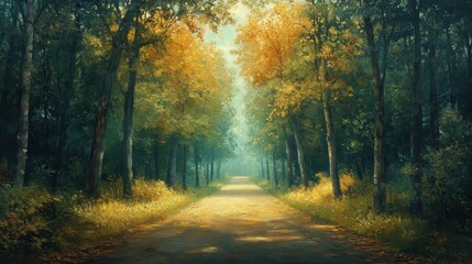 Autumn road in dense green forest