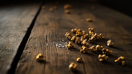 Scattered popcorn on a rustic wooden table.