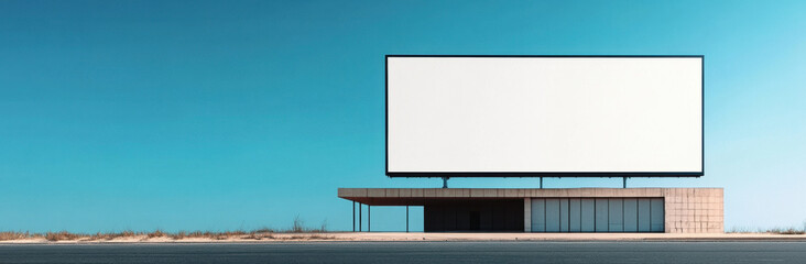 Fototapeta premium blank billboard on top of empty building against clear blue sky creates striking visual. simplicity of scene evokes sense of openness and potential