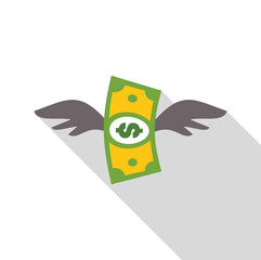 Dollar bill with wings flying away, representing money loss, financial instability, and economic challenges
