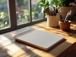 blank childrens A3 sketchbook rests on wooden desk, surrounded by greenery and art supplies, inviting creativity and imagination. warm sunlight enhances serene atmosphere