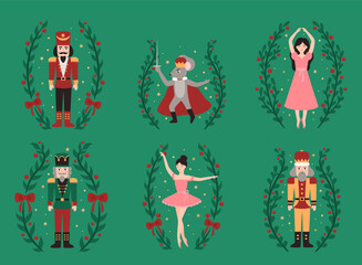 Set of Christmas toys. Nutcrackers, mouse, ballerinas. Flat vector illustration.