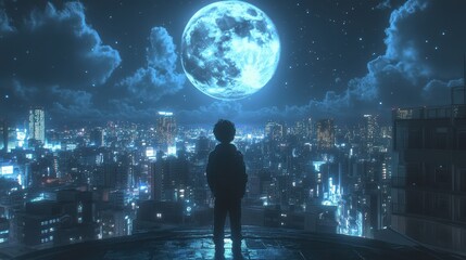 Fototapeta premium photo anime boy looking at the moon in the city night