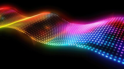 Obraz premium A display of lively neon glowing pixels that form a wave pattern against a grid background. Highlighted with colorful light effects.