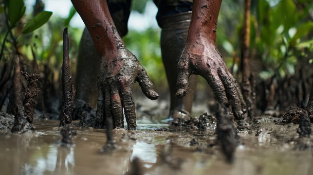 A man is digging in the mud with his hands