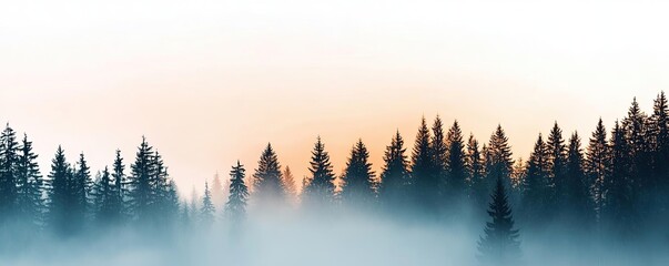 Misty forest landscape with pine trees during sunrise, ethereal natural scenery.