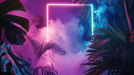 Neon light frame with tropical leaves and smoke floating around the quadrangle.