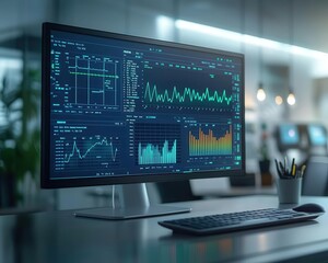 Patient monitoring system with vibrant charts, sleek modern setup, soft lighting, high-tech atmosphere