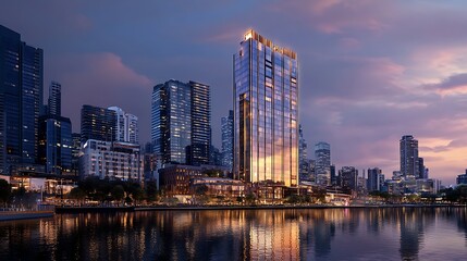 Naklejka premium Modern Skyscraper Reflecting in Water at Dusk