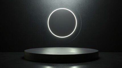 A Circular Neon Light Illuminates a Dark Room with a Black Cylindrical Pedestal