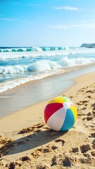 Colorful Beach Ball Bouncing on a Sandy Shore with Ocean Waves, Capturing the Fun of a Beach Day