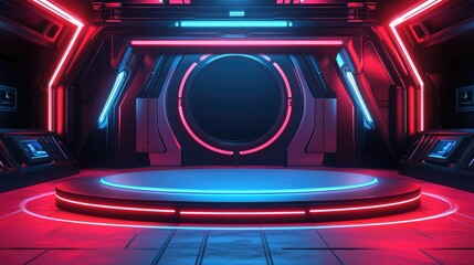 Obraz premium Futuristic Cyberpunk Room with Neon Lights and Circular Platform