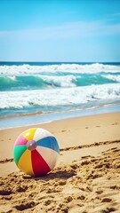 Colorful Beach Ball Bouncing on a Sandy Shore with Ocean Waves, Capturing the Fun of a Beach Day
