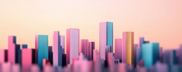 Colorful city skyline at sunset with soft-focus background.