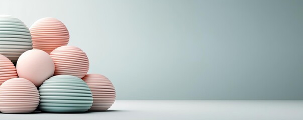 Fototapeta premium Colorful striped dessert balls arranged in a playful pyramid on a soft background.