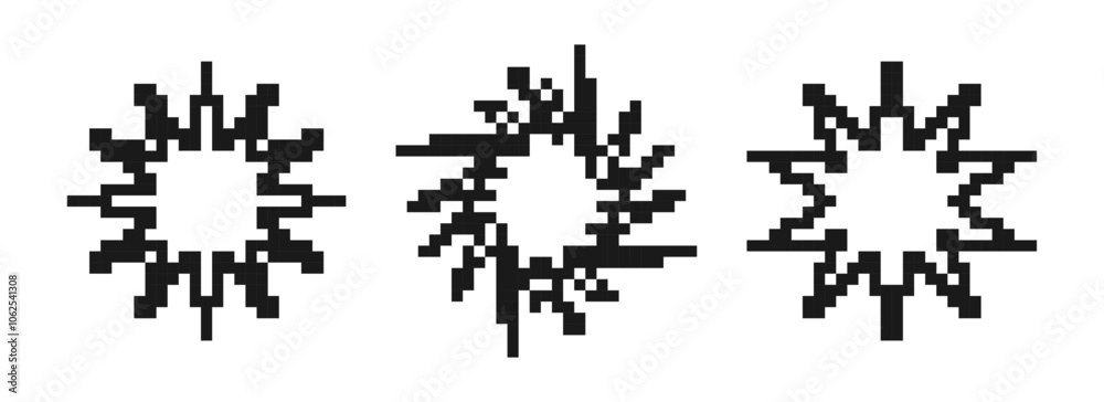 Poster Pixelated stars and snowflakes element set. Black 8-bit pixel art collection. Retro binary sparkle, shine, burst, glitter geometric form pack. Y2K style pixels icon bundle. Vector illustration