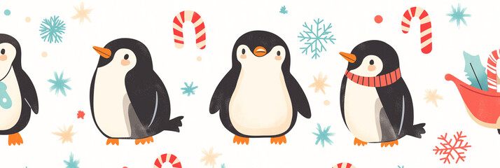 Obraz premium Cartoon Christmas Pattern: Penguins and candy canes. 
