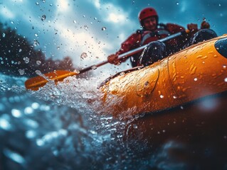 Naklejka premium River rafting experience with vibrant rapids, dynamic energy, soft lighting, adventure vibe, photo-realism