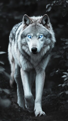 Obraz premium Powerful wolf prowling through forest at dusk. Wildlife animal photography in a forest setting. 